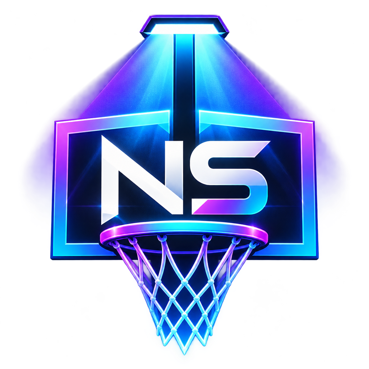 An illuminated NS backboard and basketball hoop under a purple-blue court light